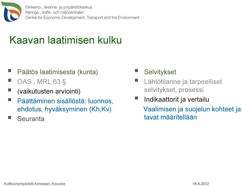 hyväksyminen (Kh,Kv) Seuranta Selvitykset Lähtötilanne ja tarpeelliset