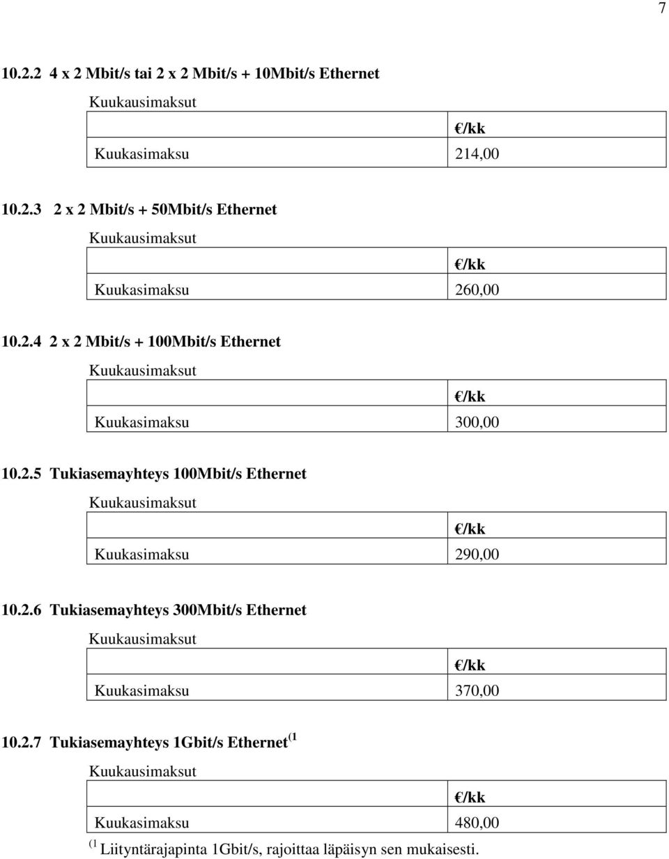 2.6 Tukiasemayhteys 300Mbit/s Ethernet Kuukasimaksu 370,00 10.2.7 Tukiasemayhteys 1Gbit/s Ethernet (1