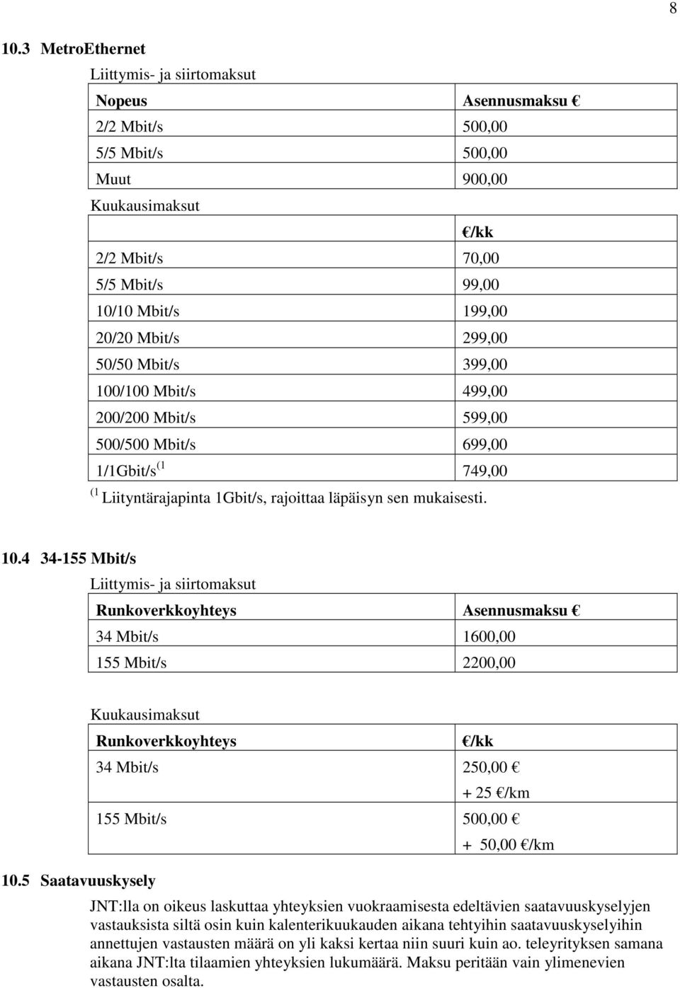 5 Saatavuuskysely Runkoverkkoyhteys 34 Mbit/s 250,00 + 25 /km 155 Mbit/s 500,00 + 50,00 /km JNT:lla on oikeus laskuttaa yhteyksien vuokraamisesta edeltävien saatavuuskyselyjen vastauksista siltä osin