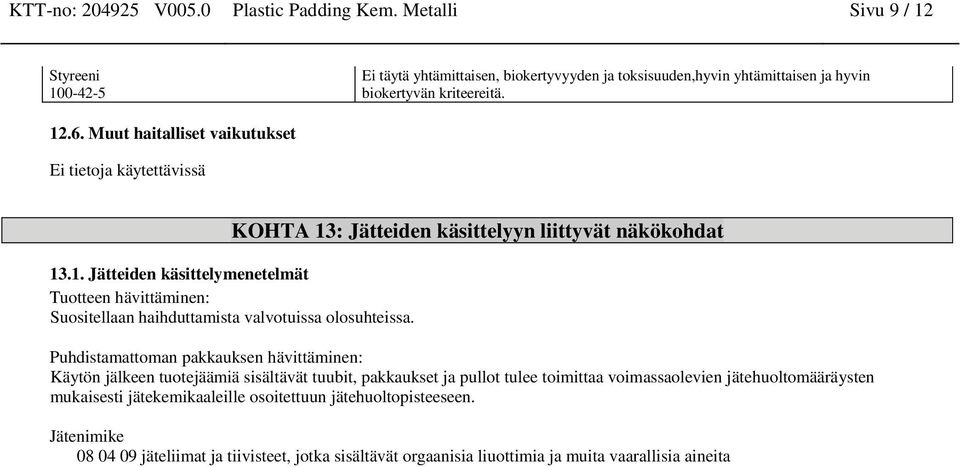 Puhdistamattoman pakkauksen hävittäminen: Käytön jälkeen tuotejäämiä sisältävät tuubit, pakkaukset ja pullot tulee toimittaa voimassaolevien jätehuoltomääräysten mukaisesti