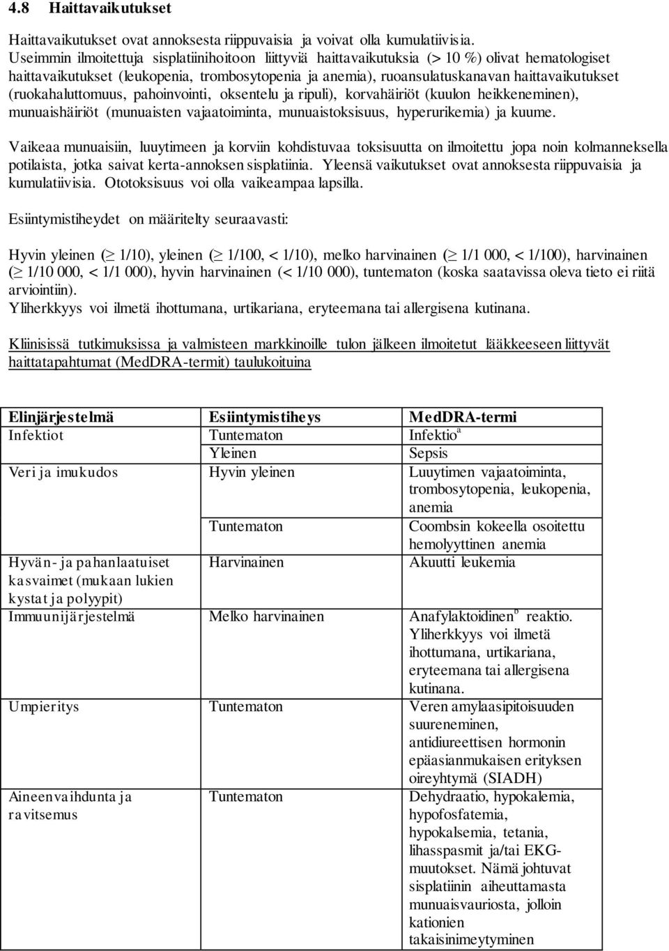 (ruokahaluttomuus, pahoinvointi, oksentelu ja ripuli), korvahäiriöt (kuulon heikkeneminen), munuaishäiriöt (munuaisten vajaatoiminta, munuaistoksisuus, hyperurikemia) ja kuume.