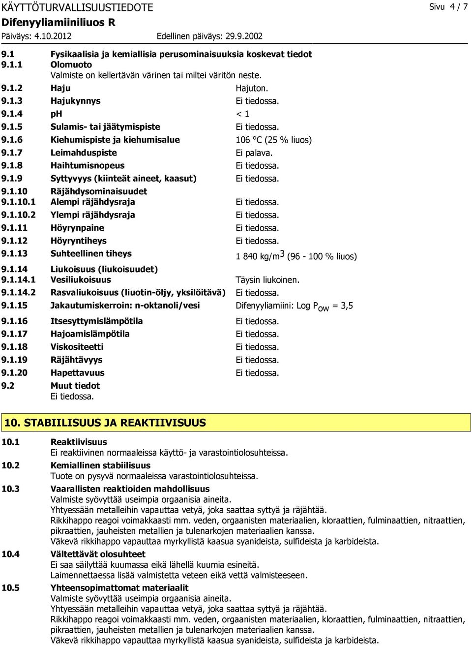 1.10.1 Alempi räjähdysraja 9.1.10.2 Ylempi räjähdysraja 9.1.11 Höyrynpaine 9.1.12 Höyryntiheys 9.1.13 Suhteellinen tiheys 1 840 kg/m 3 (96-100 % liuos) 9.1.14 Liukoisuus (liukoisuudet) 9.1.14.1 Vesiliukoisuus Täysin liukoinen.