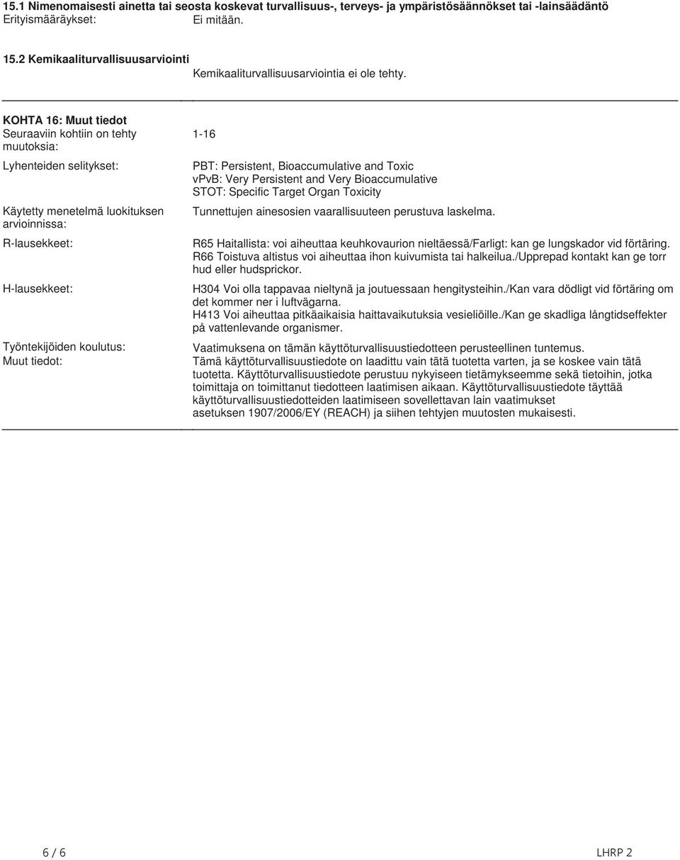 Hlausekkeet: Työntekijöiden koulutus: Muut tiedot: 116 PBT: Persistent, Bioaccumulative and Toxic vpvb: Very Persistent and Very Bioaccumulative STOT: Specific Target Organ Toxicity Tunnettujen