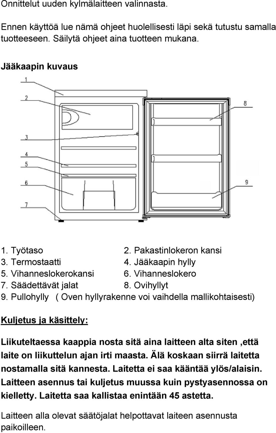 Pullohylly ( Oven hyllyrakenne voi vaihdella mallikohtaisesti) Kuljetus ja käsittely: Liikuteltaessa kaappia nosta sitä aina laitteen alta siten,että laite on liikuttelun ajan irti maasta.