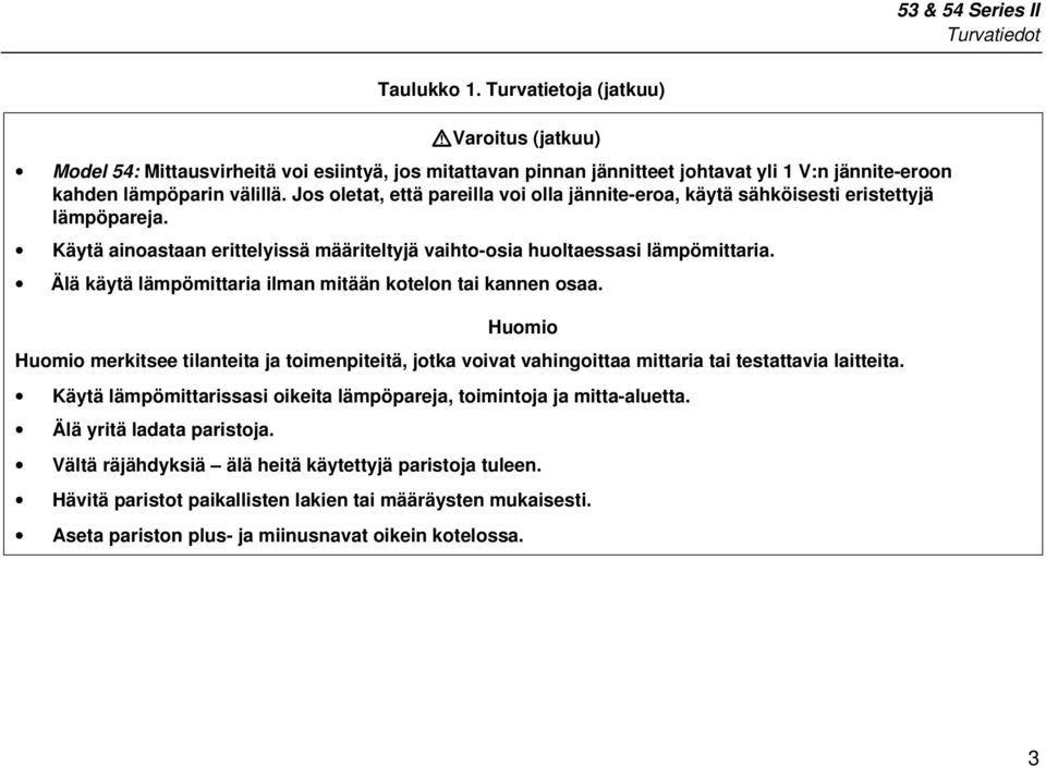 Älä käytä lämpömittaria ilman mitään kotelon tai kannen osaa. Huomio Huomio merkitsee tilanteita ja toimenpiteitä, jotka voivat vahingoittaa mittaria tai testattavia laitteita.