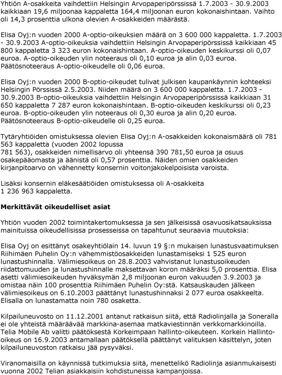 2003 A-optio-oikeuksia vaihdettiin Helsingin Arvopaperipörssissä kaikkiaan 45 800 kappaletta 3 323 euron kokonaishintaan. A-optio-oikeuden keskikurssi oli 0,07 euroa.