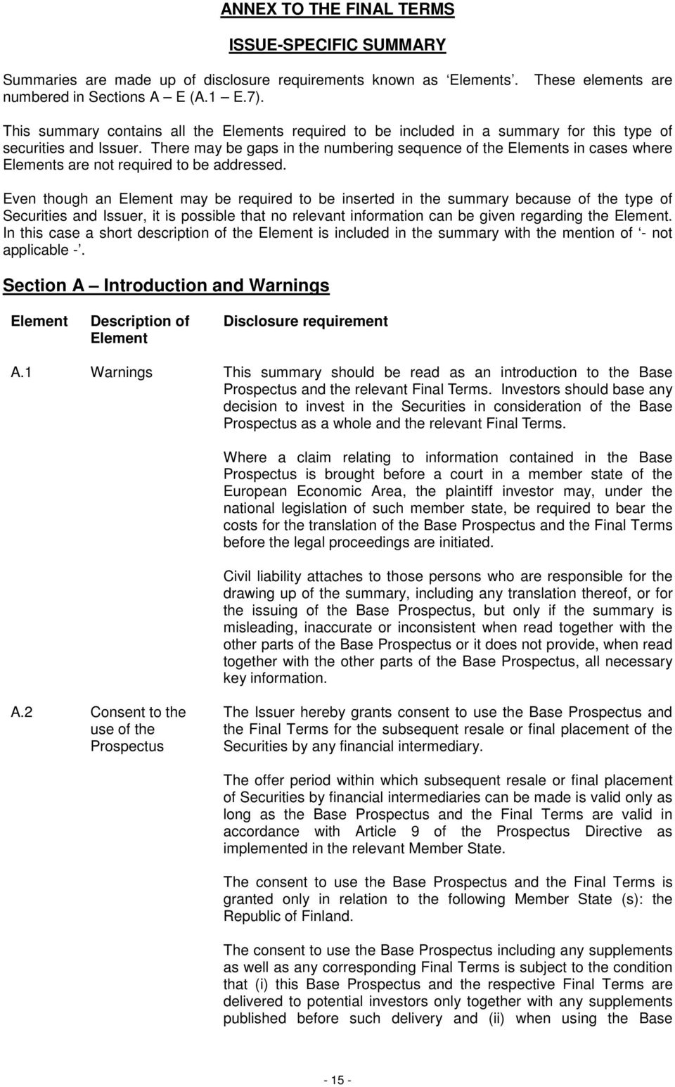 There may be gaps in the numbering sequence of the Elements in cases where Elements are not required to be addressed.