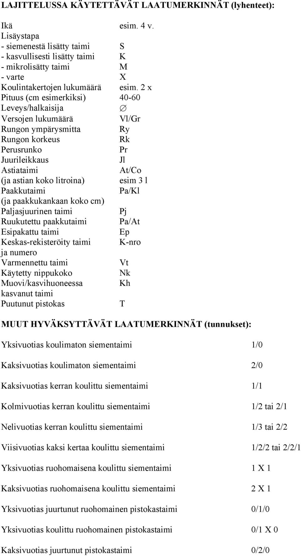 2 x Pituus (cm esimerkiksi) 40-60 Leveys/halkaisija Versojen lukumäärä Vl/Gr Rungon ympärysmitta Ry Rungon korkeus Rk Perusrunko Pr Juurileikkaus Jl Astiataimi (ja astian koko litroina) At/Co esim 3