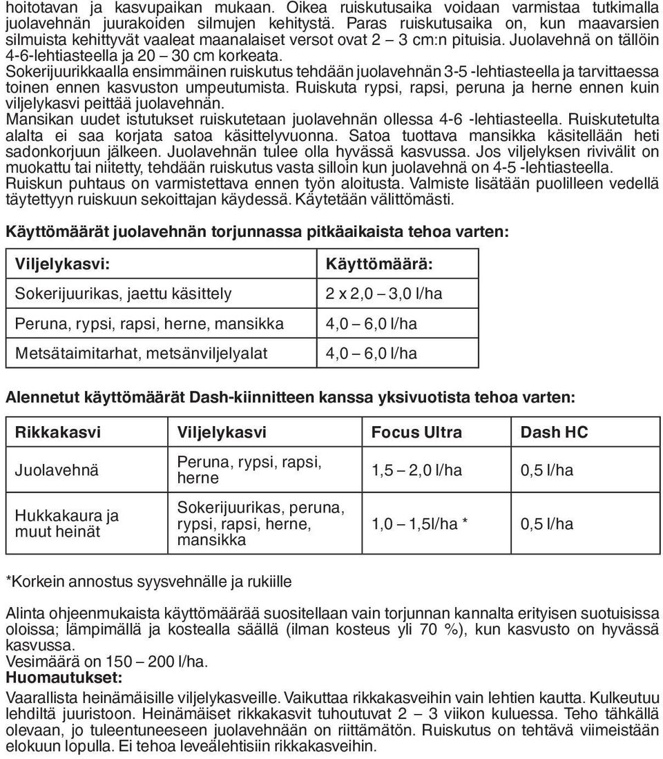 Sokerijuurikkaalla ensimmäinen ruiskutus tehdään juolavehnän 3-5 -lehtiasteella ja tarvittaessa toinen ennen kasvuston umpeutumista.