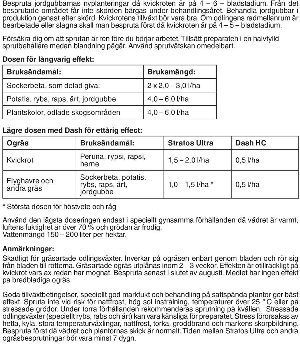 Om odlingens radmellanrum är bearbetade eller slagna skall man bespruta först då kvickroten är på 4 5 bladstadium. Försäkra dig om att sprutan är ren före du börjar arbetet.