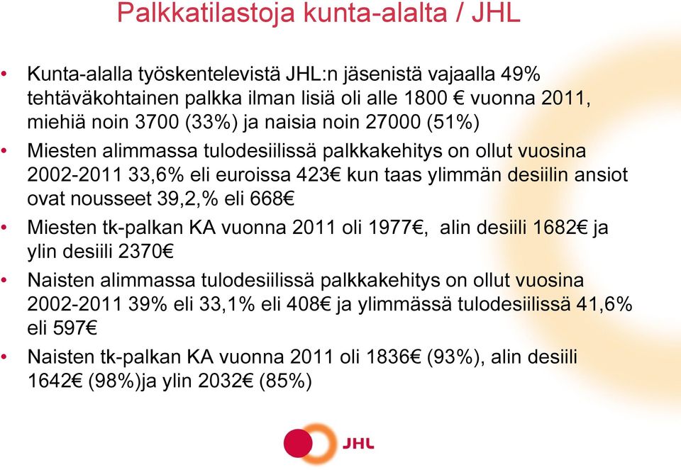 ovat nousseet 39,2,% eli 668 Miesten tk-palkan KA vuonna 2011 oli 1977, alin desiili 1682 ja ylin desiili 2370 Naisten alimmassa tulodesiilissä palkkakehitys on ollut