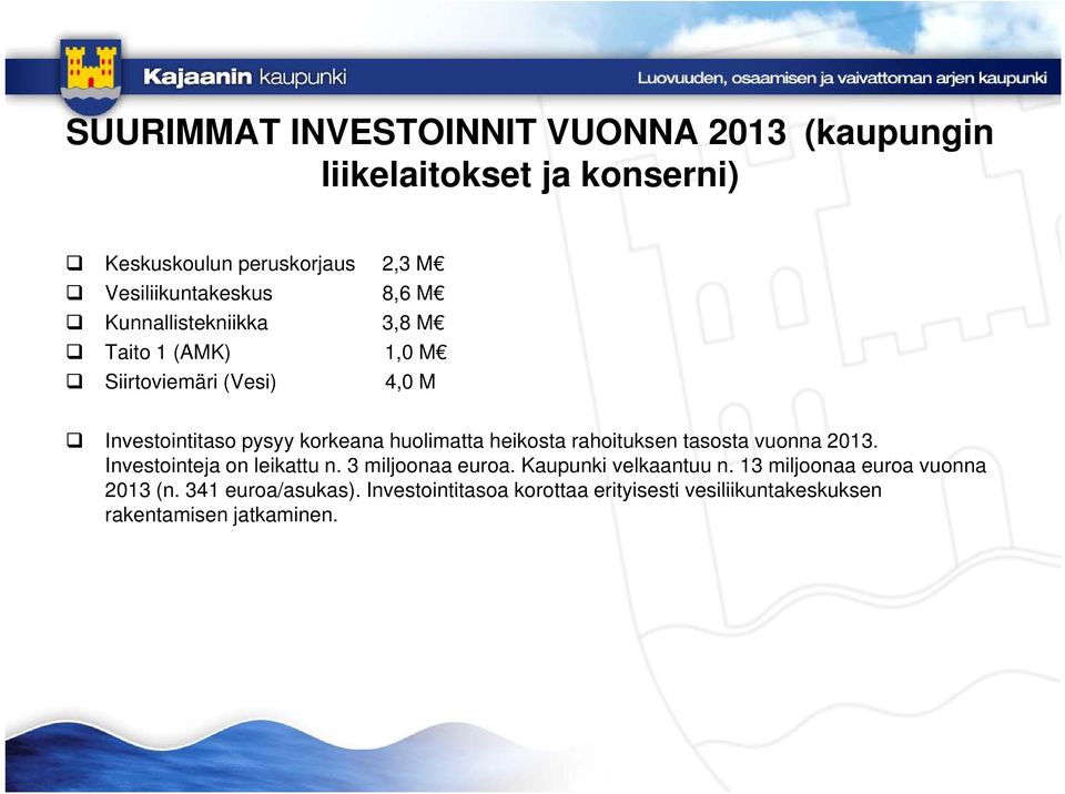 korkeana huolimatta heikosta rahoituksen tasosta vuonna 2013. Investointeja on leikattu n. 3 miljoonaa euroa.