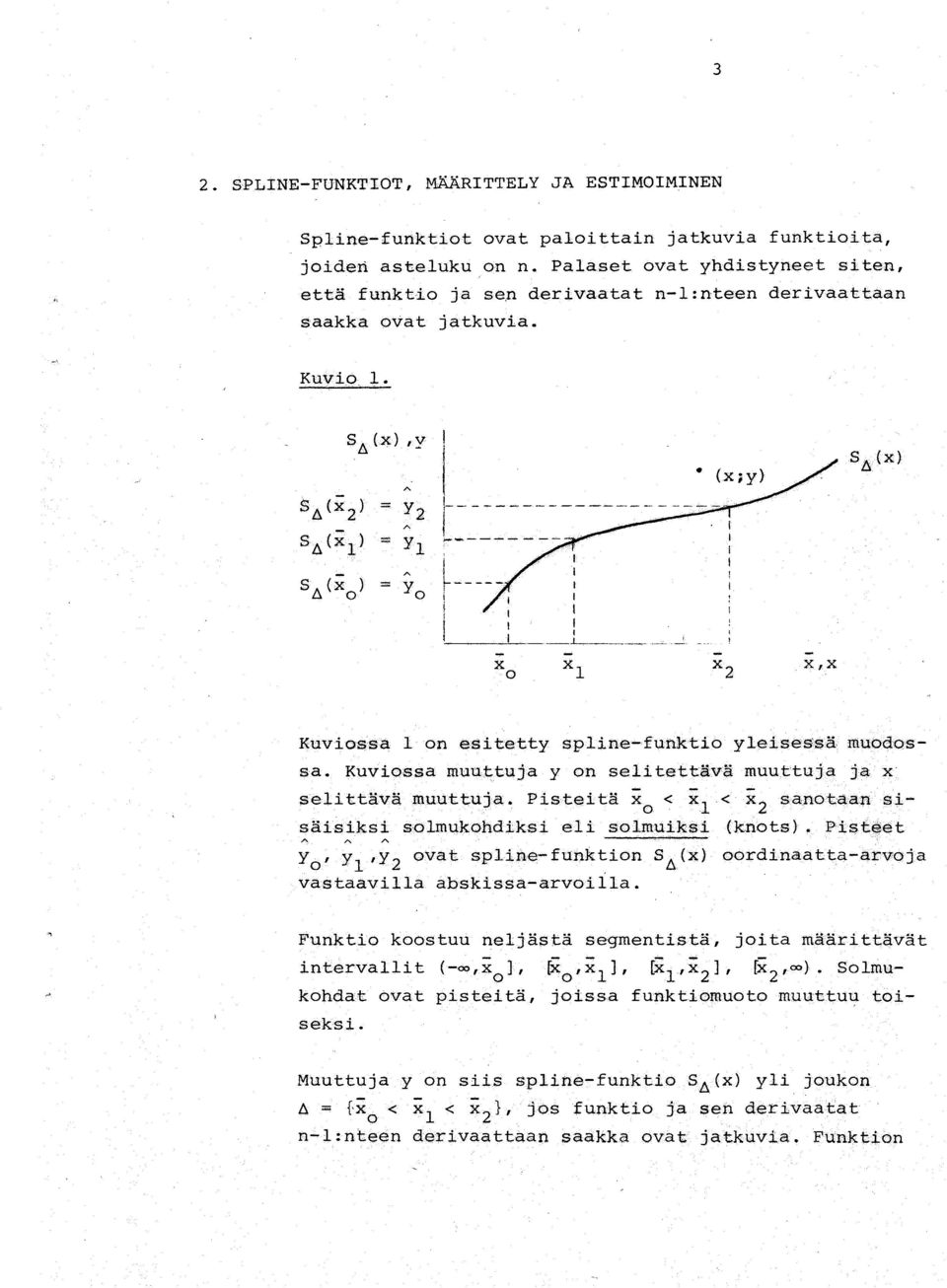 1 x o t _.L--._ -'. x,x S&(x) Kuviossa 1 on esitetty spline-funktio yleisessä muodossa. Kuviossa muuttuja y on selitettävä rnuuttuja ja x selittävä rnuuttuja.