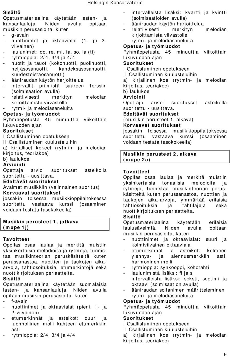 tauot (kokonuotti, puolinuotti, neljäsosanuotti, kahdeksasosanuotti, kuudestoistaosanuotti) - ääniraudan käytön harjoittelua - intervallit priimistä suureen terssiin (solmisaation avulla) -