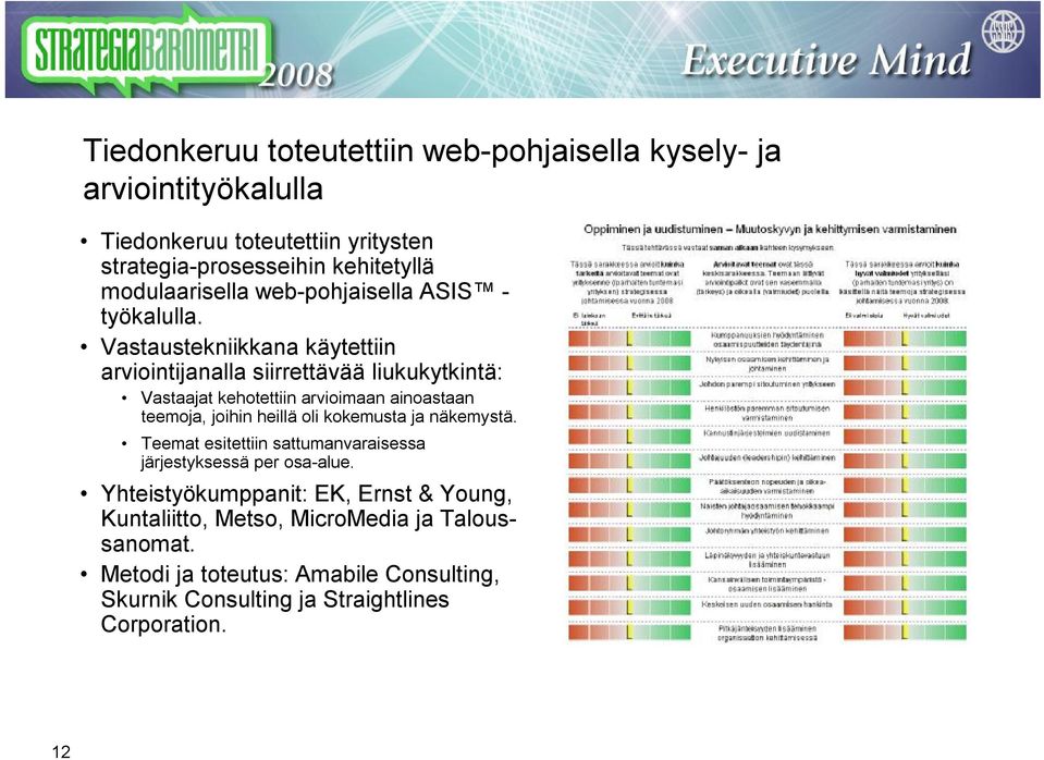 Vastaustekniikkana käytettiin arviointijanalla siirrettävää liukukytkintä: Vastaajat kehotettiin arvioimaan ainoastaan teemoja, joihin heillä oli