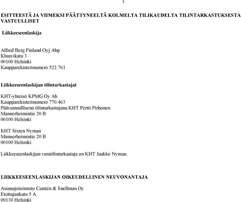 463 Päävastuullisena tilintarkastajana KHT Pertti Pirhonen Mannerheimintie 20 B 00100 Helsinki KHT Sixten Nyman Mannerheimintie 20 B 00100 Helsinki