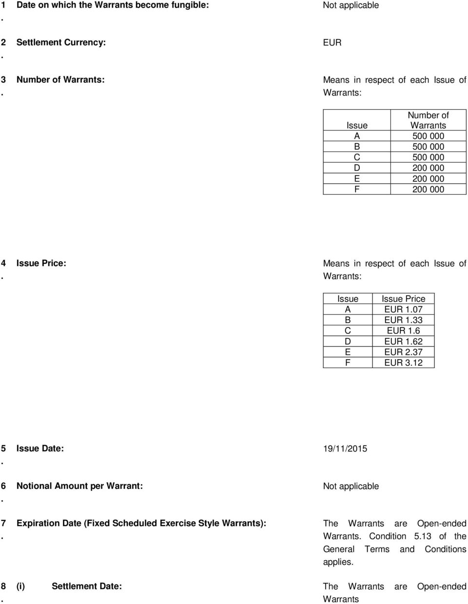 EUR 133 C EUR 16 D EUR 162 E EUR 237 F EUR 312 5 Issue Date: 19/11/2015 6 Notional Amount per Warrant: Not applicable 7 8 Expiration Date (Fixed Scheduled Exercise