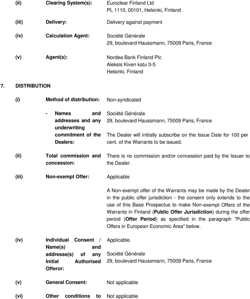 commitment of the Dealers: Société Générale 29, boulevard Haussmann, 75009 Paris, France The Dealer will initially subscribe on the Issue Date for 100 per cent of the Warrants to be issued (ii) Total