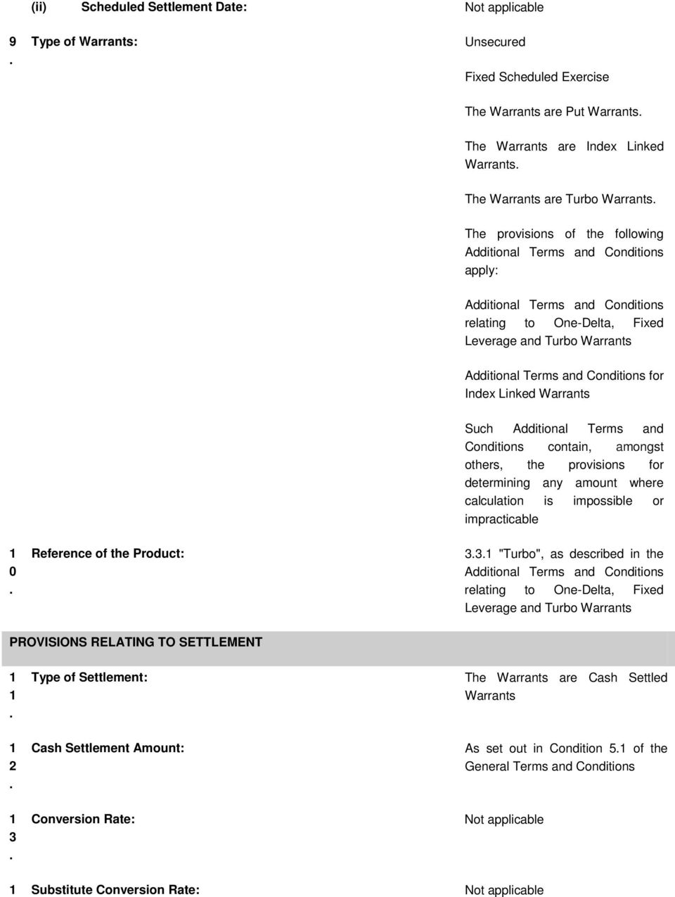 Conditions for Index Linked Warrants Such Additional Terms and Conditions contain, amongst others, the provisions for determining any amount where calculation is impossible or impracticable 1 0