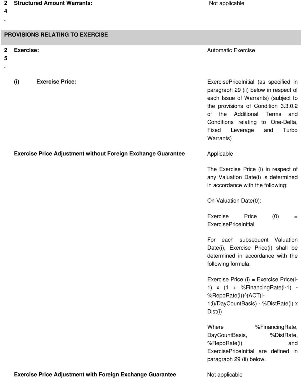 Adjustment without Foreign Exchange Guarantee Applicable The Exercise Price (i) in respect of any Valuation Date(i) is determined in accordance with the following: On Valuation Date(0): Exercise