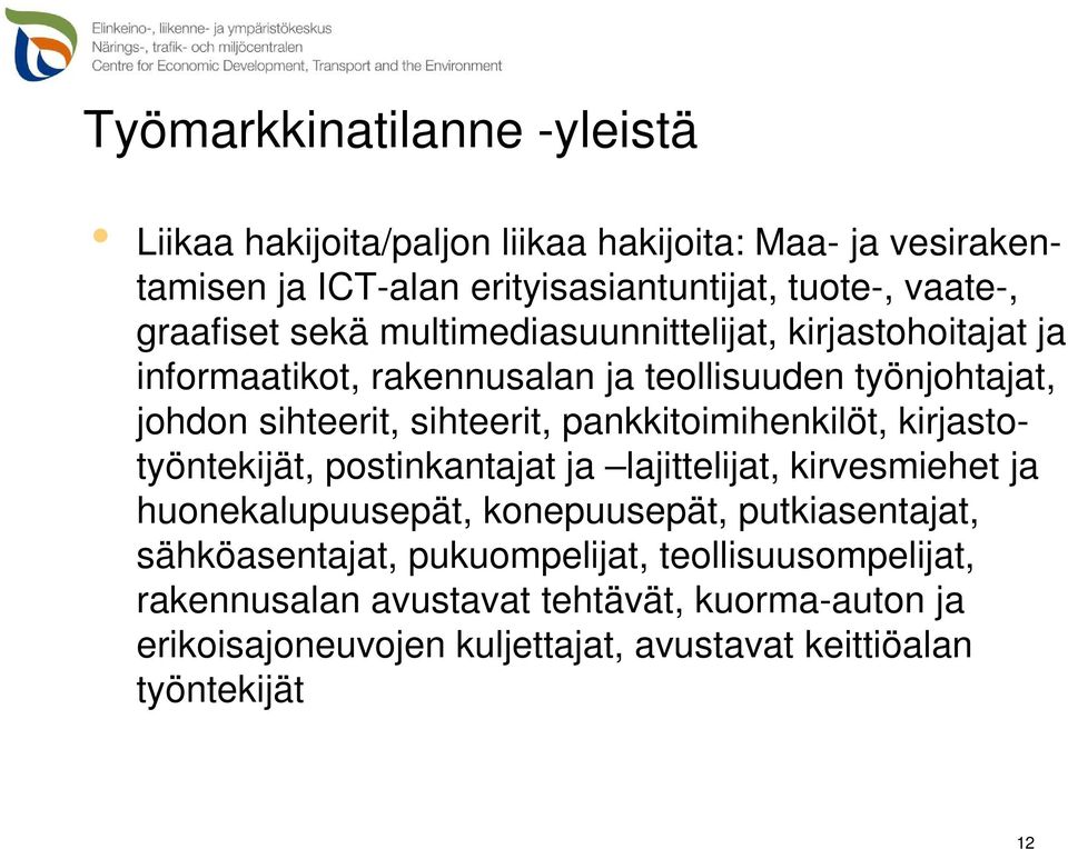 pankkitoimihenkilöt, kirjastotyöntekijät, postinkantajat ja lajittelijat, kirvesmiehet ja huonekalupuusepät, konepuusepät, putkiasentajat,