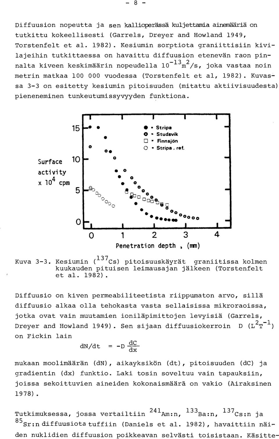 (Torstenfelt et al, 1982). Kuvassa 33 on esitetty kesiumin pitoisuuden (mitattu aktiivisuudesta) pieneneminen tunkeutumissyvyyden funktiona.