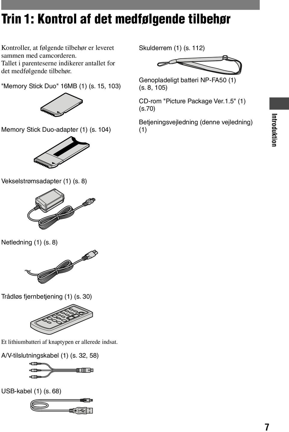 112) Genopladeligt batteri NP-FA50 (1) (s. 8, 105) CD-rom "Picture Package Ver.1.5" (1) (s.70) Memory Stick Duo-adapter (1) (s.