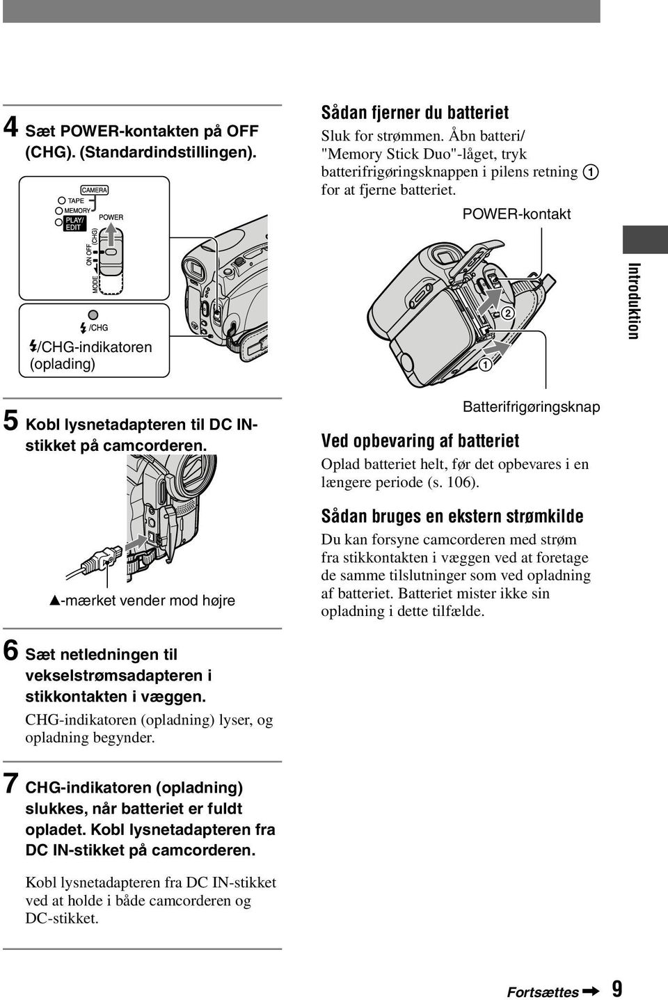 POWER-kontakt /CHG-indikatoren (oplading) 1 2 Introduktion 5 Kobl lysnetadapteren til DC INstikket på camcorderen.