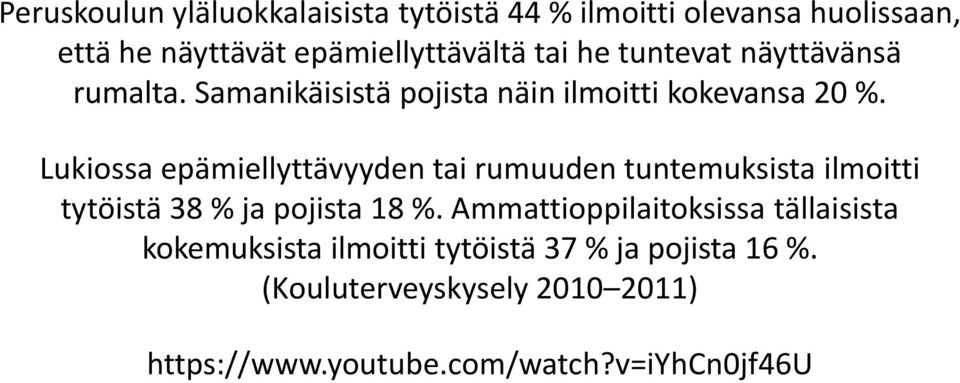 Lukiossa epämiellyttävyyden tai rumuuden tuntemuksista ilmoitti tytöistä 38 % ja pojista 18 %.