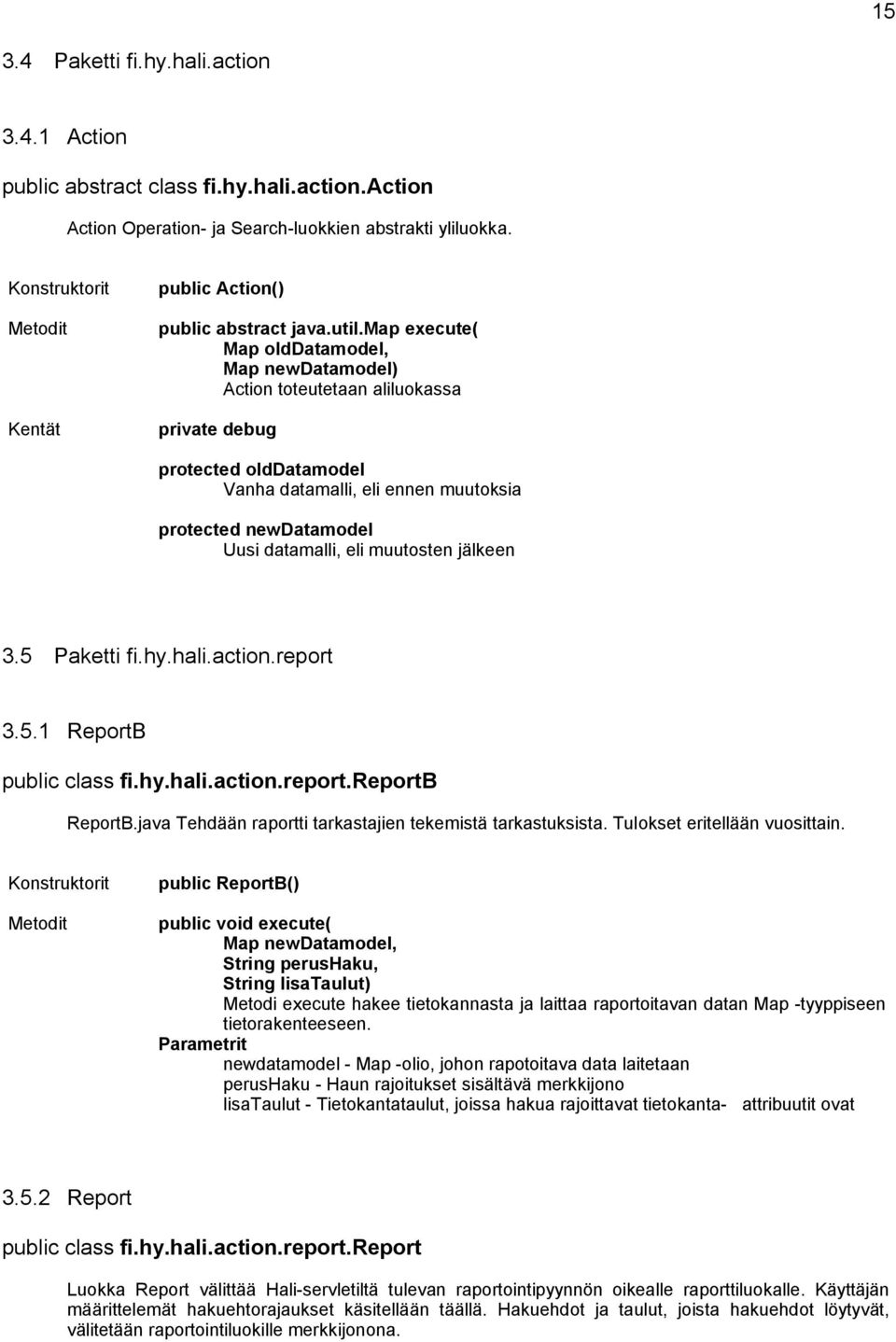 muutosten jälkeen 3.5 Paketti fi.hy.hali.action.report 3.5.1 ReportB public class fi.hy.hali.action.report.reportb ReportB.java Tehdään raportti tarkastajien tekemistä tarkastuksista.