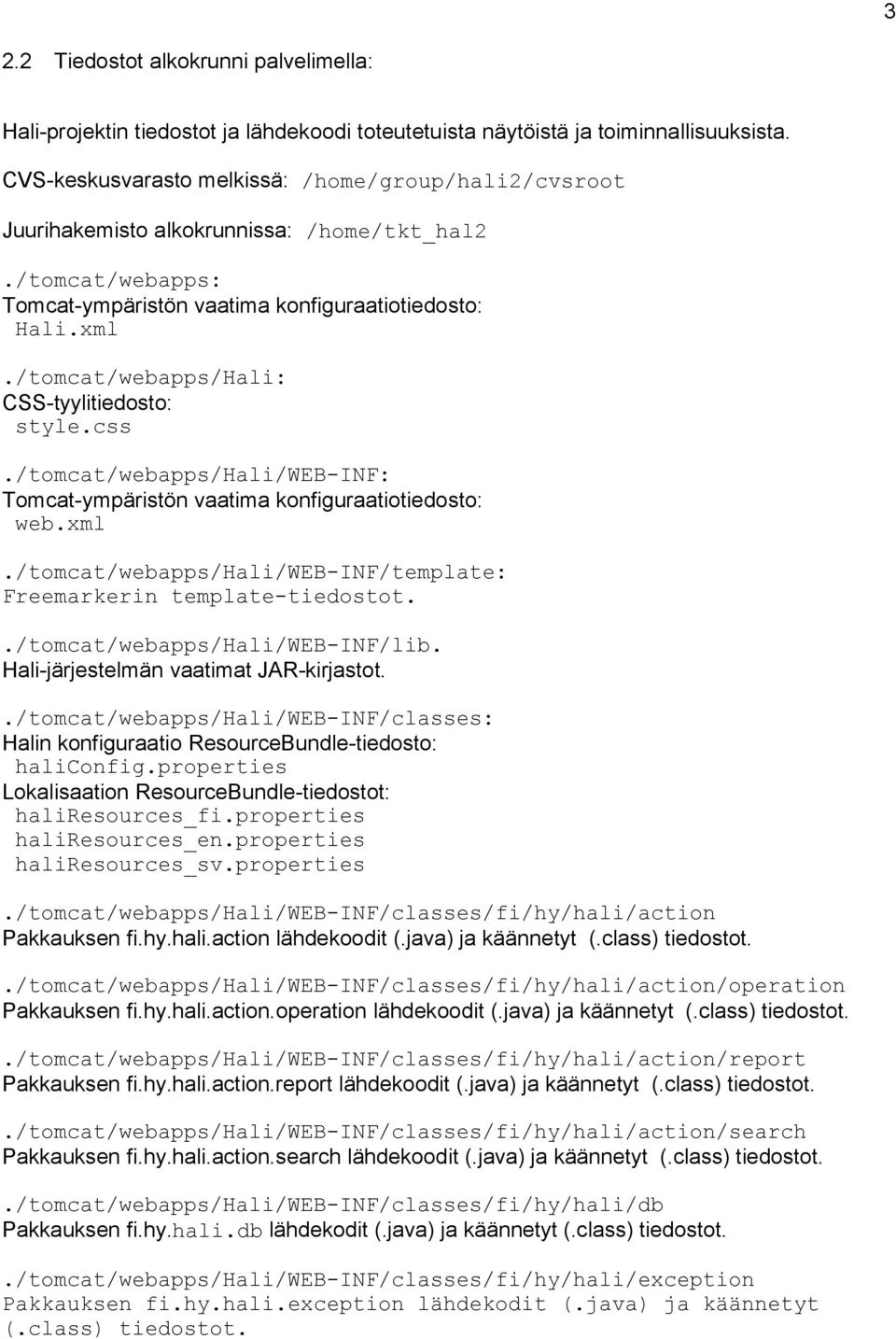 /tomcat/webapps/Hali: CSS-tyylitiedosto: style.css./tomcat/webapps/hali/web-inf: Tomcat-ympäristön vaatima konfiguraatiotiedosto: web.xml.
