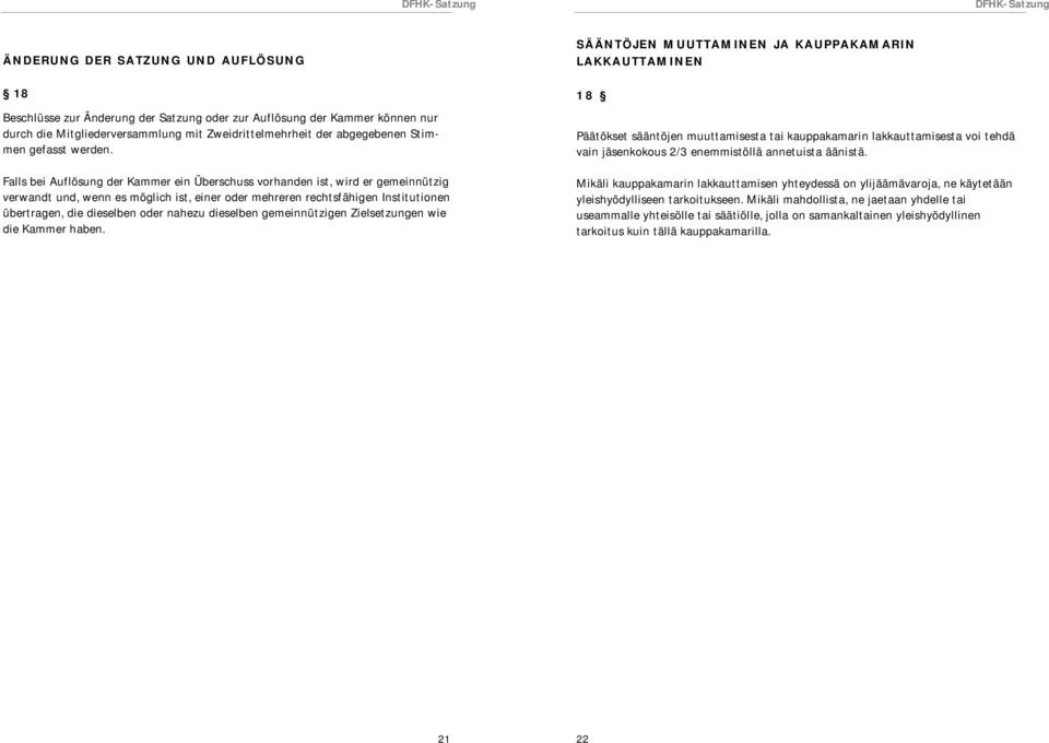 Falls bei Auflösung der Kammer ein Überschuss vorhanden ist, wird er gemeinnützig verwandt und, wenn es möglich ist, einer oder mehreren rechtsfähigen Institutionen übertragen, die dieselben oder