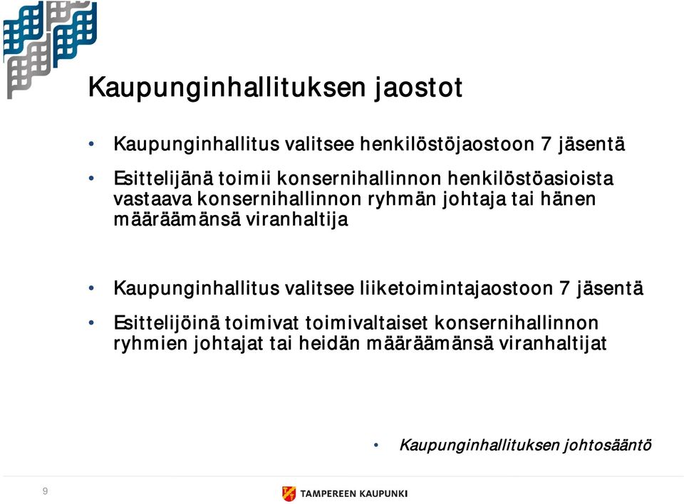 viranhaltija Kaupunginhallitus valitsee liiketoimintajaostoon 7 jäsentä Esittelijöinä toimivat