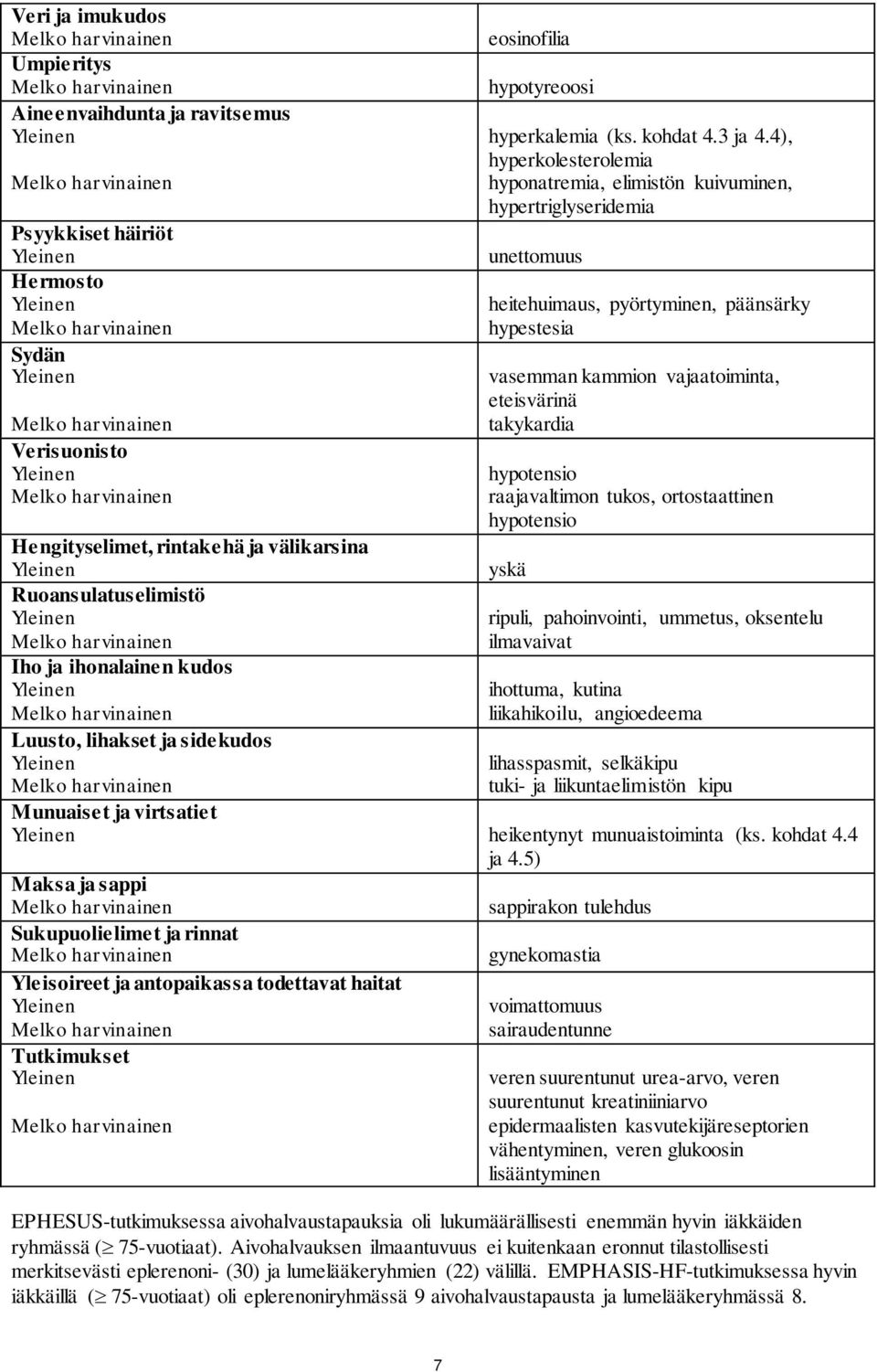 hypotensio raajavaltimon tukos, ortostaattinen hypotensio Hengityselimet, rintakehä ja välikarsina yskä Ruoansulatuselimistö ripuli, pahoinvointi, ummetus, oksentelu ilmavaivat Iho ja ihonalainen