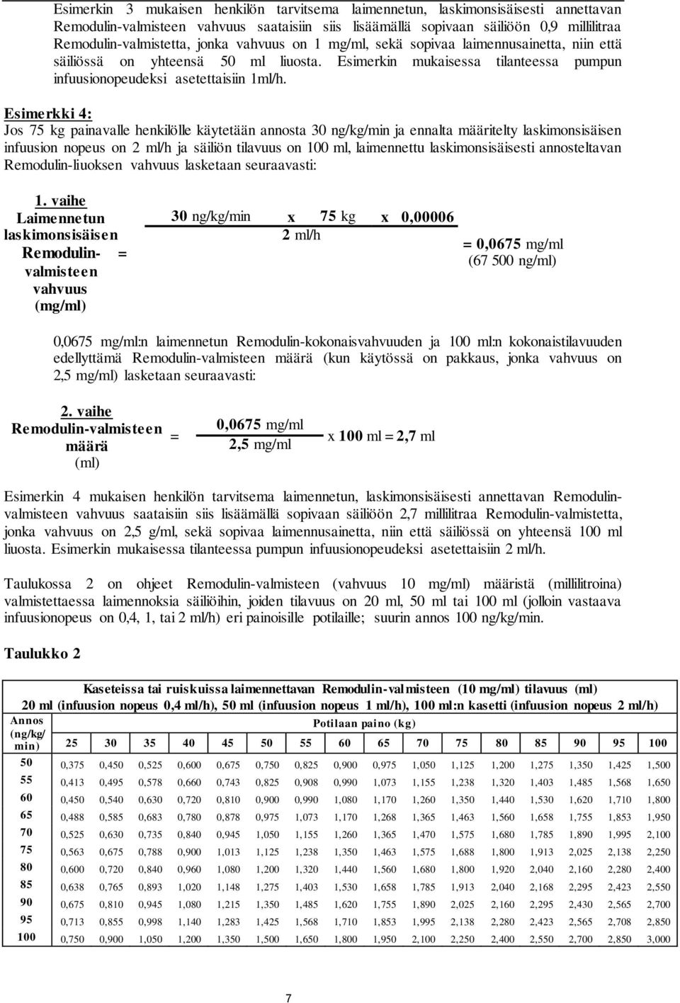 Esimerkki 4: Jos 75 kg painavalle henkilölle käytetään annosta 30 ng/kg/min ja ennalta määritelty laskimonsisäisen infuusion nopeus on 2 ml/h ja säiliön tilavuus on 100 ml, laimennettu