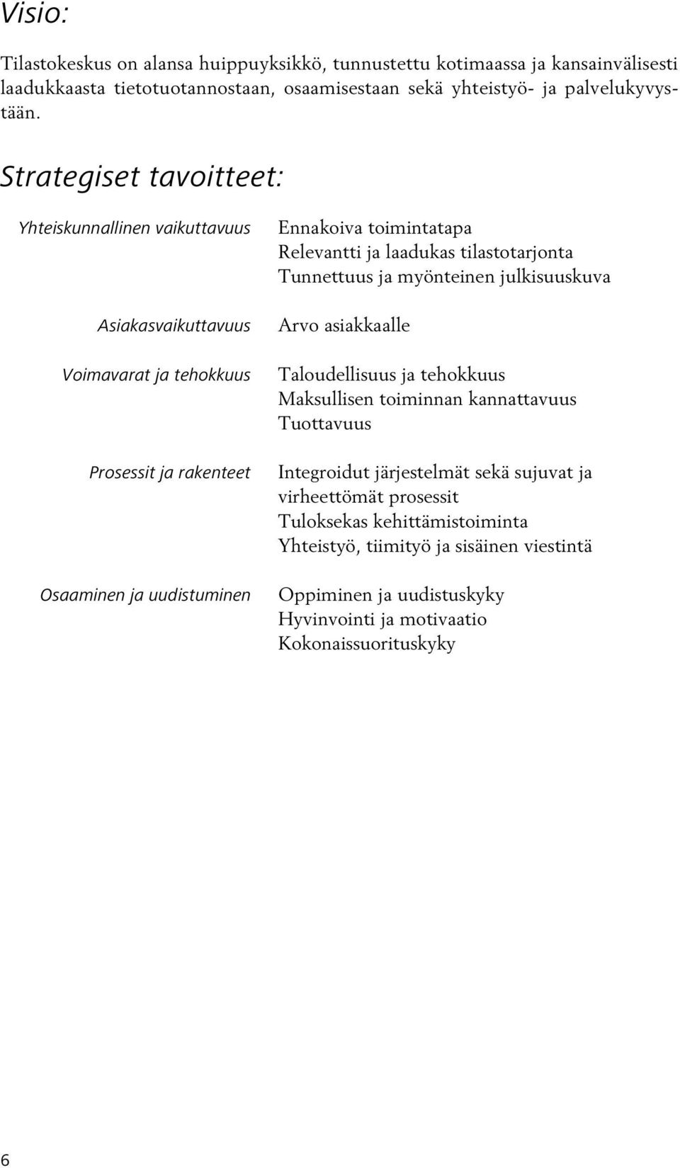 Relevantti ja laadukas tilastotarjonta Tunnettuus ja myönteinen julkisuuskuva Arvo asiakkaalle Taloudellisuus ja tehokkuus Maksullisen toiminnan kannattavuus Tuottavuus Integroidut