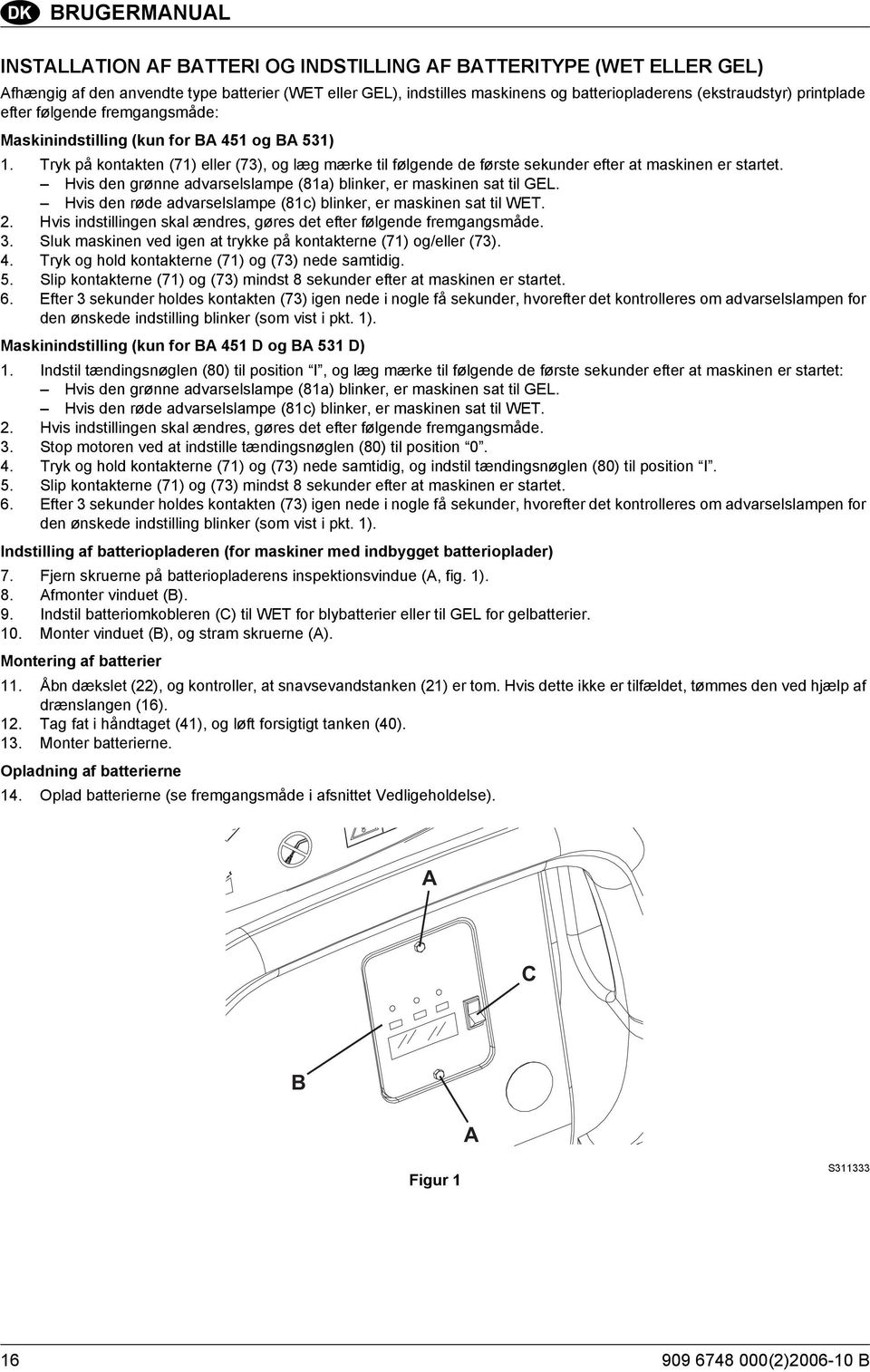 Hvis den grønne advarselslampe (81a) blinker, er maskinen sat til GEL. Hvis den røde advarselslampe (81c) blinker, er maskinen sat til WET. 2.