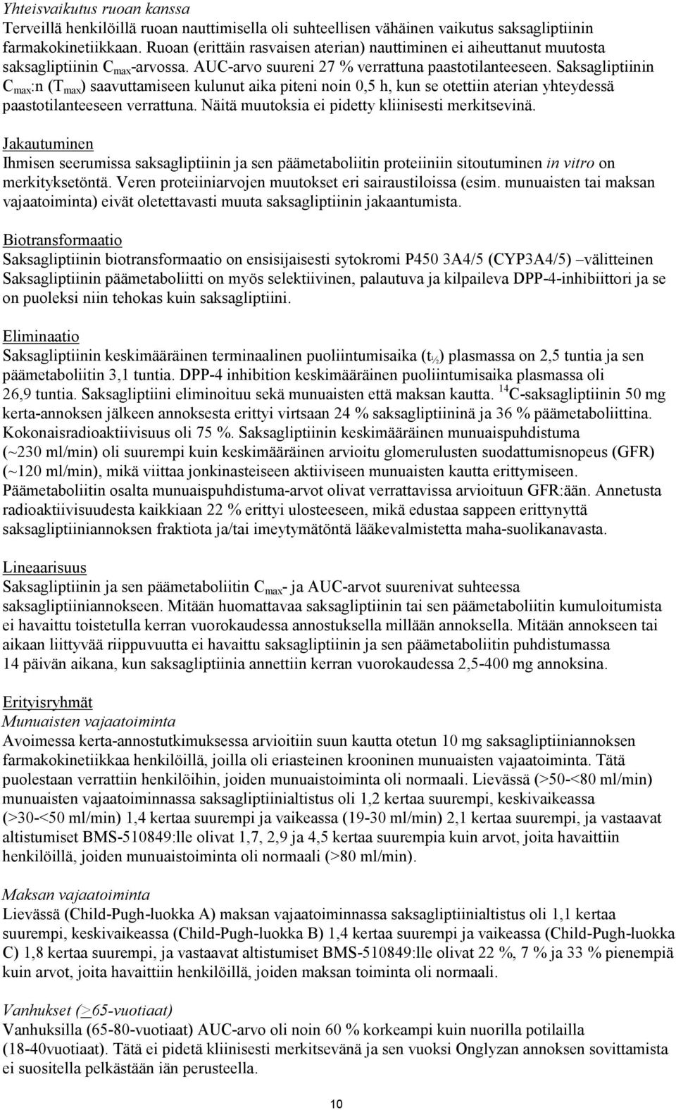 Saksagliptiinin C max :n (T max ) saavuttamiseen kulunut aika piteni noin 0,5 h, kun se otettiin aterian yhteydessä paastotilanteeseen verrattuna. Näitä muutoksia ei pidetty kliinisesti merkitsevinä.