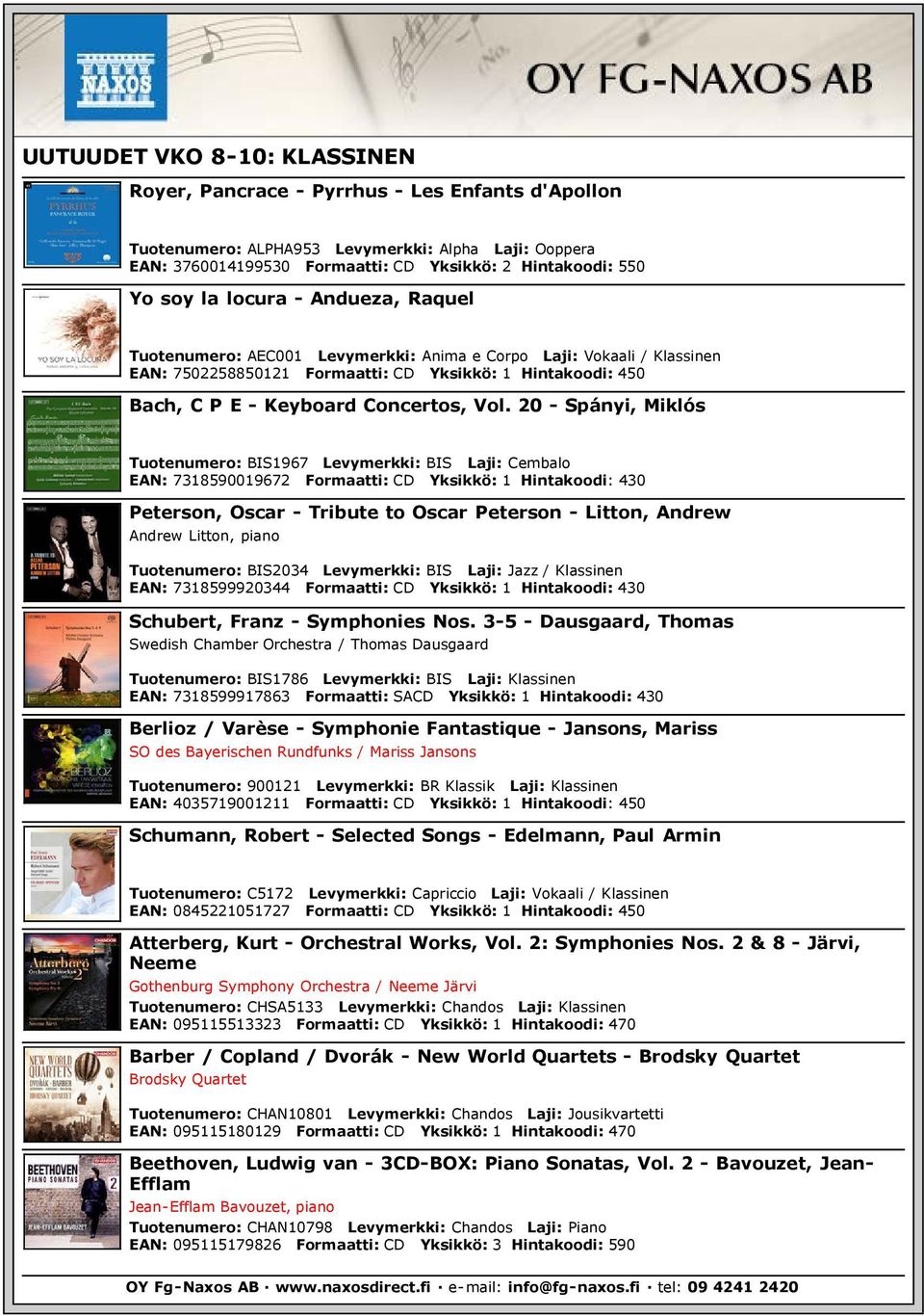 20 - Spányi, Miklós Tuotenumero: BIS1967 Levymerkki: BIS Laji: Cembalo EAN: 7318590019672 Formaatti: CD Yksikkö: 1 Hintakoodi: 430 Peterson, Oscar - Tribute to Oscar Peterson - Litton, Andrew Andrew