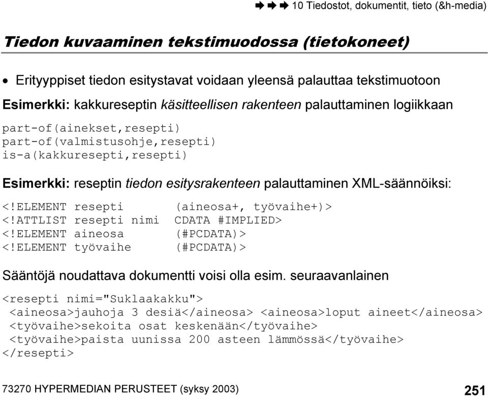 ATTLIST resepti nimi CDATA #IMPLIED> <!ELEMENT aineosa (#PCDATA)> <!ELEMENT työvaihe (#PCDATA)> Sääntöjä noudattava dokumentti voisi olla esim.