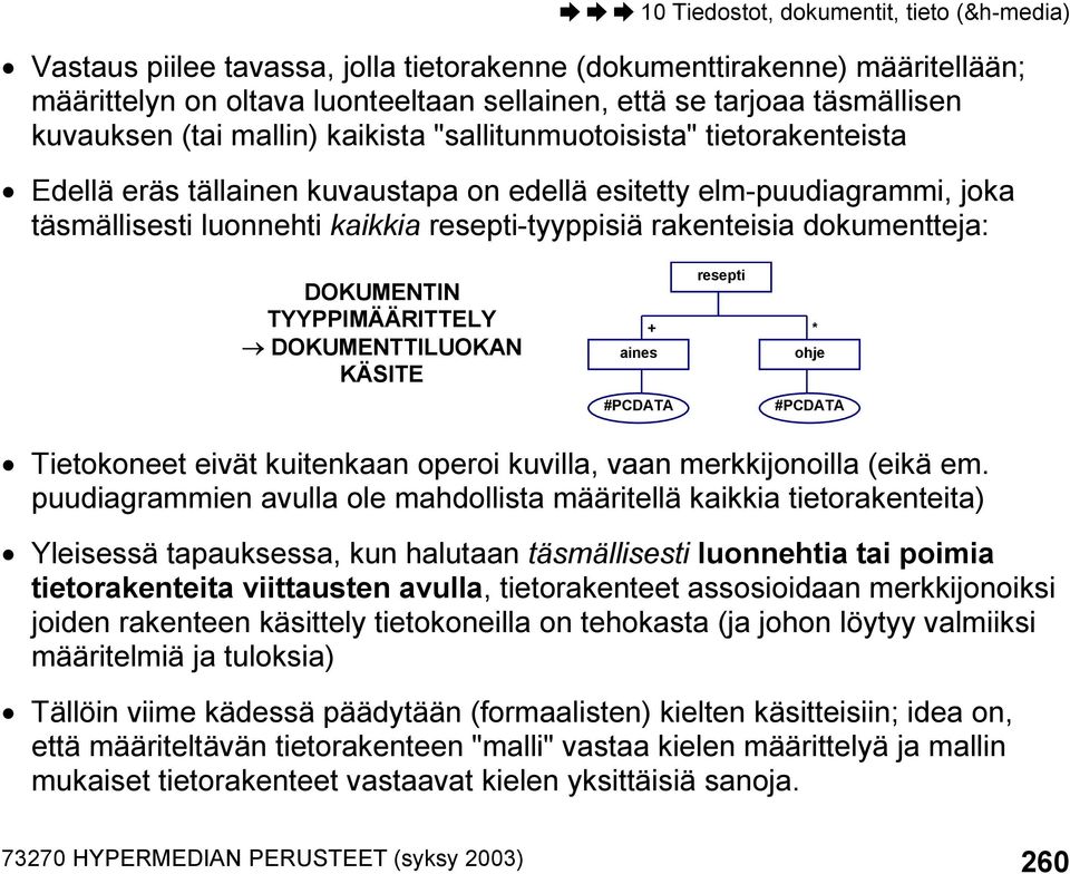 DOKUMENTIN TYYPPIMÄÄRITTELY DOKUMENTTILUOKAN KÄSITE resepti + * aines ohje #PCDATA #PCDATA Tietokoneet eivät kuitenkaan operoi kuvilla, vaan merkkijonoilla (eikä em.