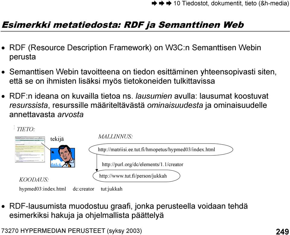 lausumien avulla: lausumat koostuvat resurssista, resurssille määriteltävästä ominaisuudesta ja ominaisuudelle annettavasta arvosta http://matrii TIETO: tekijä MALLINNUS: http://matriisi.ee.tut.