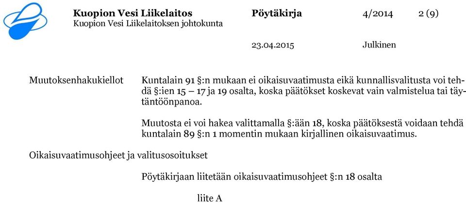 Oikaisuvaatimusohjeet ja valitusosoitukset Muutosta ei voi hakea valittamalla :ään 18, koska päätöksestä voidaan tehdä