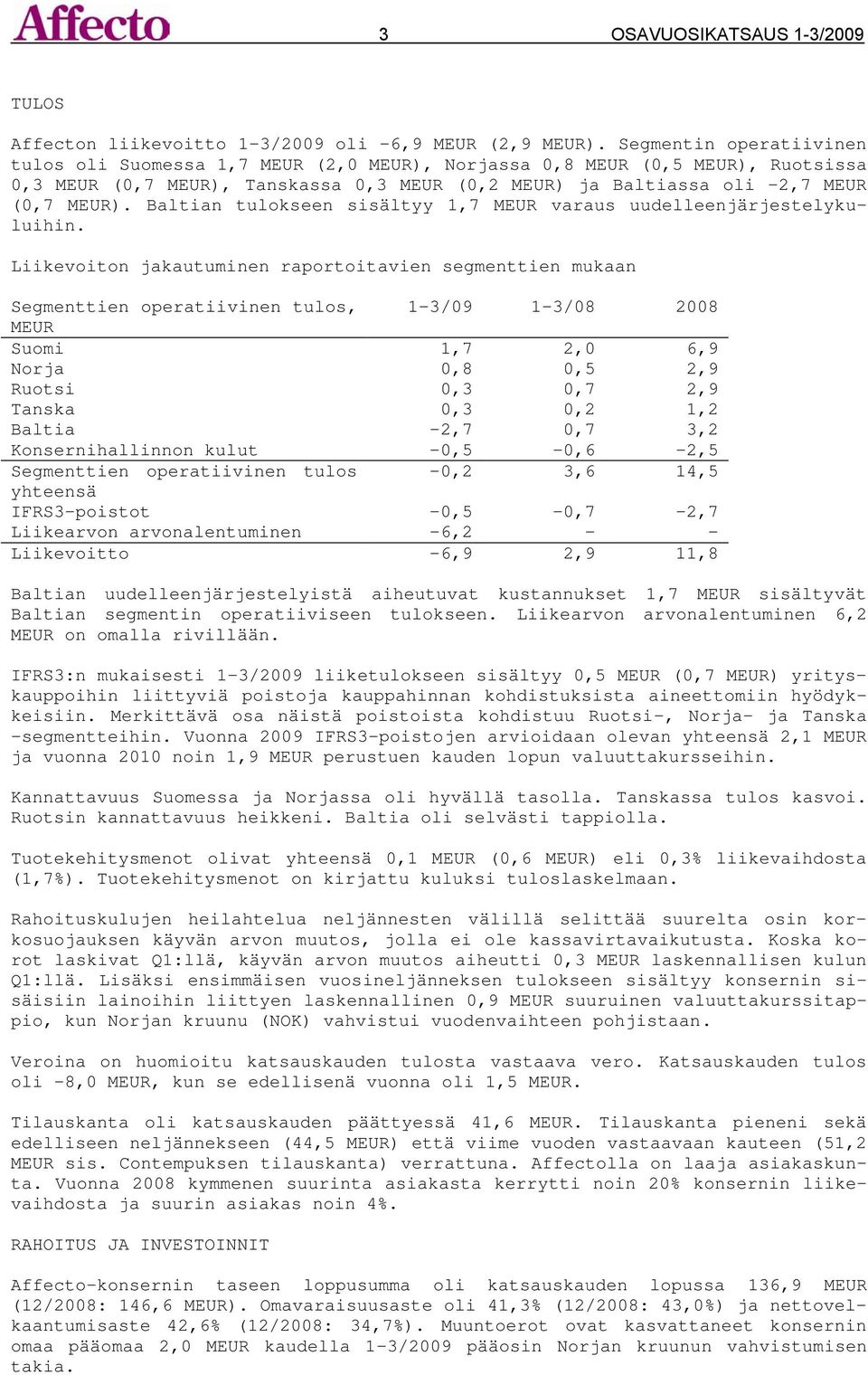 Baltian tulokseen sisältyy 1,7 MEUR varaus uudelleenjärjestelykuluihin.