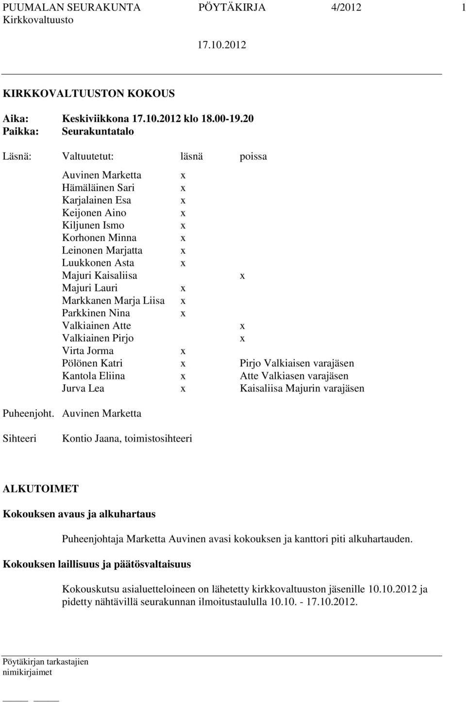 Kaisaliisa Majuri Lauri Markkanen Marja Liisa Parkkinen Nina Valkiainen Atte Valkiainen Pirjo Virta Jorma Pölönen Katri Pirjo Valkiaisen varajäsen Kantola Eliina Atte Valkiasen varajäsen Jurva Lea