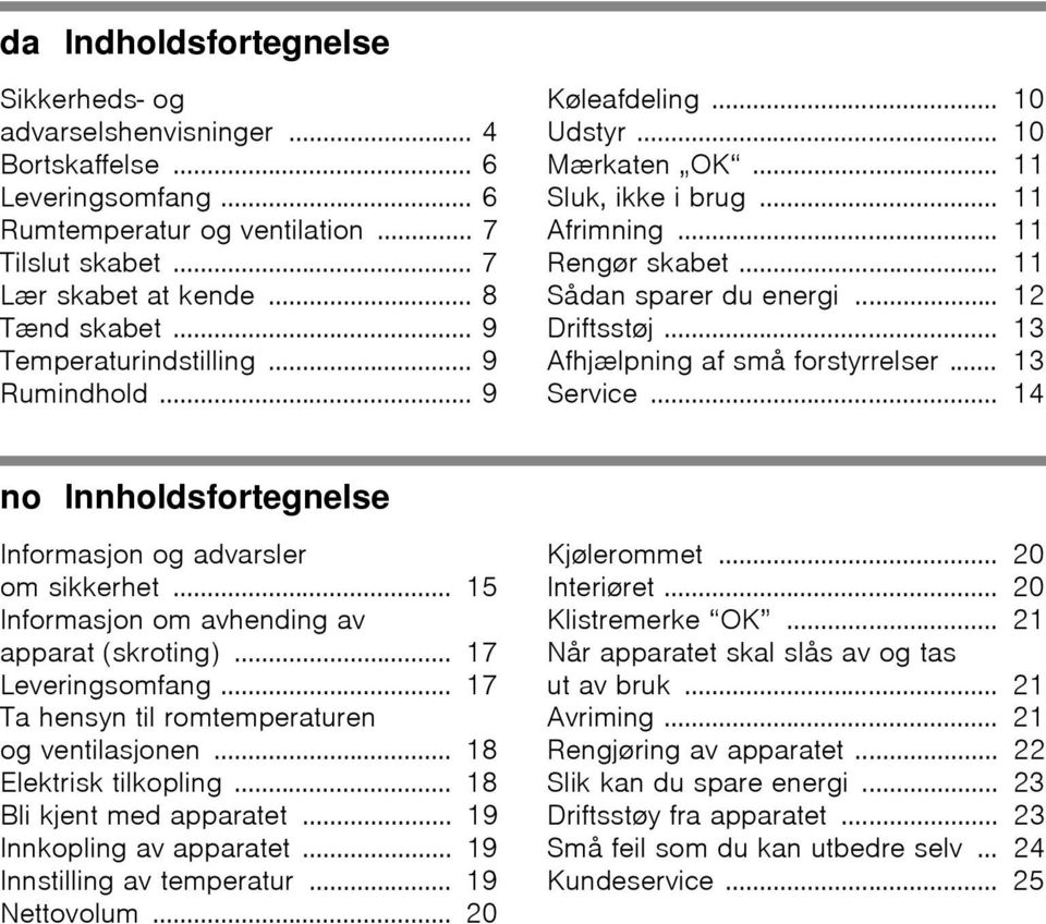 .. 13 Afhjælpning af små forstyrrelser... 13 Service... 14 no Innholdsfortegnelse Informasjon og advarsler om sikkerhet... 15 Informasjon om avhending av apparat (skroting)... 17 Leveringsomfang.