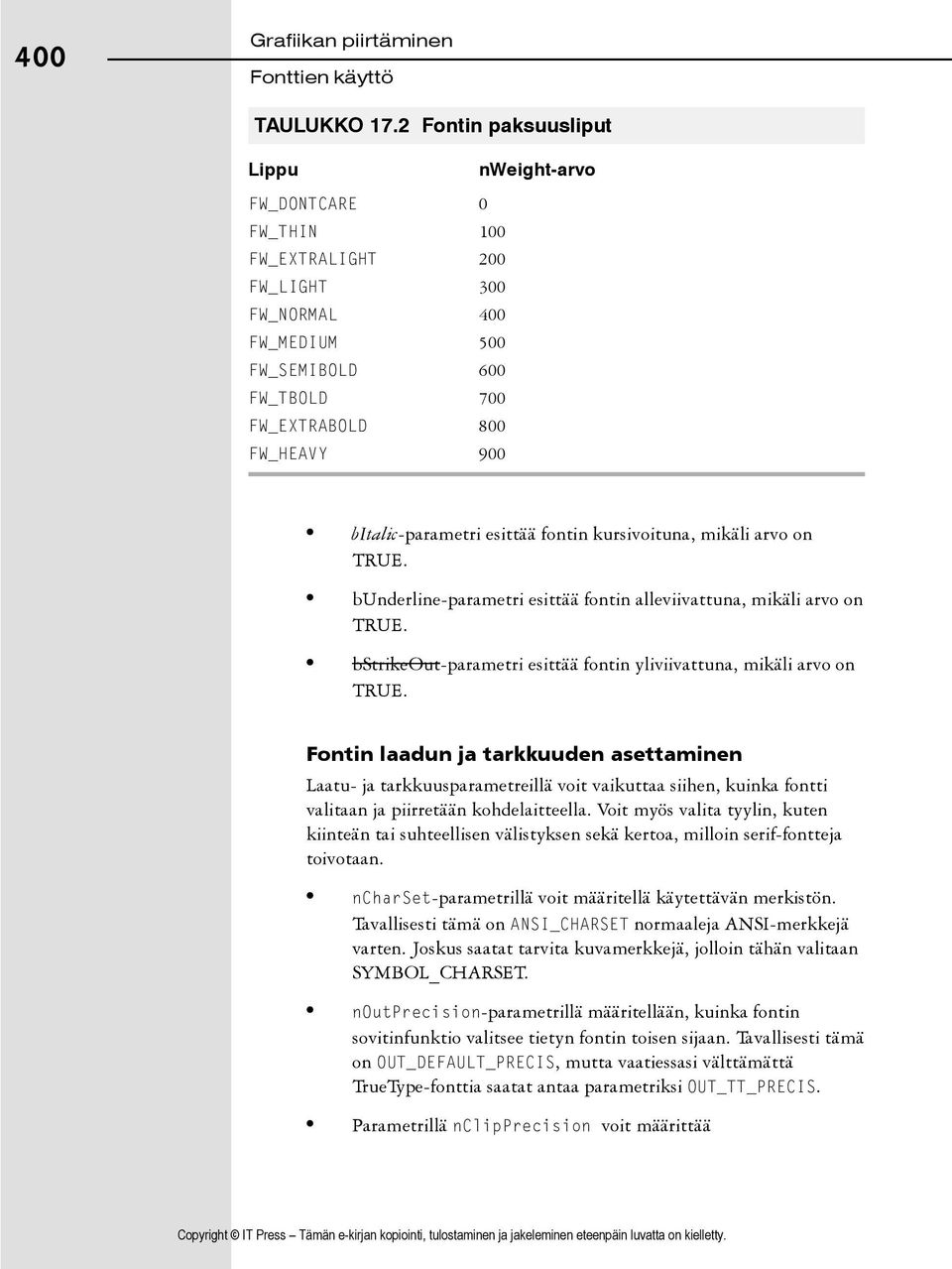 bitalic-parametri esittää fontin kursivoituna, mikäli arvo on TRUE. bunderline-parametri esittää fontin alleviivattuna, mikäli arvo on TRUE.