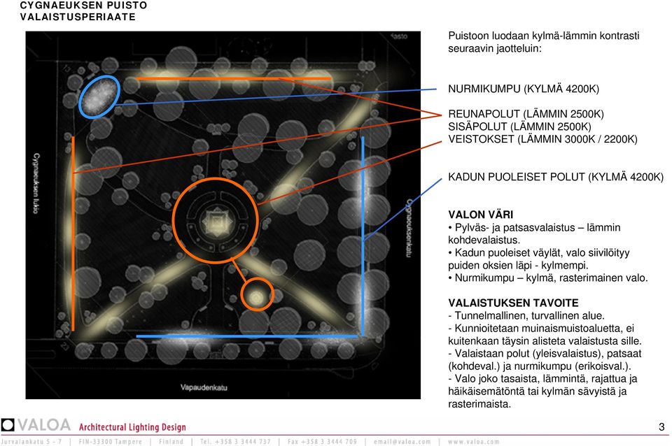 Nurmikumpu kylmä, rasterimainen valo. VALAISTUKSEN TAVOITE - Tunnelmallinen, turvallinen alue. - Kunnioitetaan muinaismuistoaluetta, ei kuitenkaan täysin alisteta valaistusta sille.