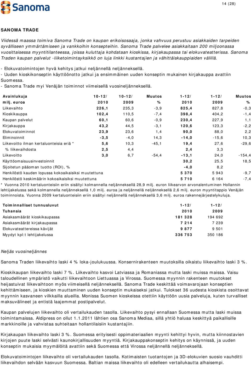 Sanoma Traden kaupan palvelut -liiketoimintayksikkö on luja linkki kustantajien ja vähittäiskauppiaiden välillä. - Elokuvatoimintojen hyvä kehitys jatkui neljännellä neljänneksellä.