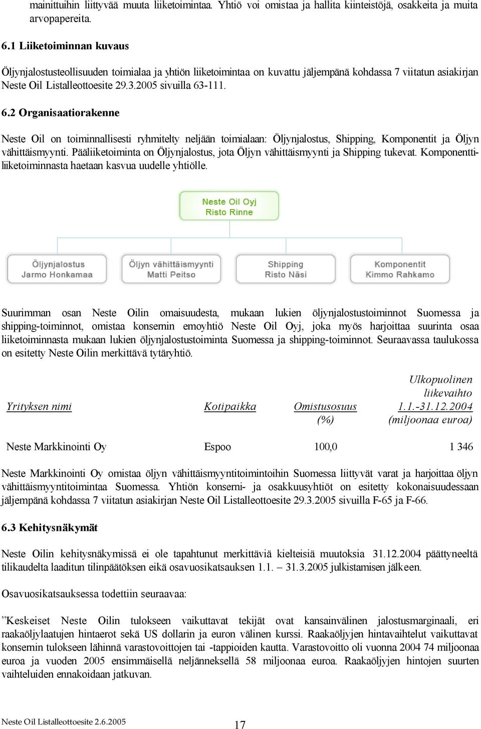 -111. 6.2 Organisaatiorakenne Neste Oil on toiminnallisesti ryhmitelty neljään toimialaan: Öljynjalostus, Shipping, Komponentit ja Öljyn vähittäismyynti.